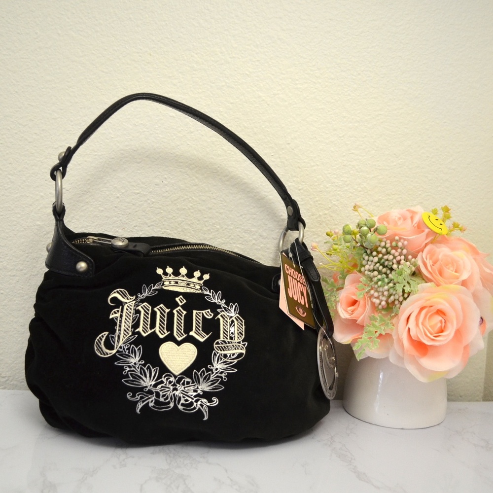 Juicy Couture Black Shoulder Bag with Cream Embroidery